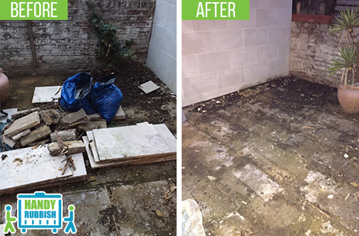 Before and after views of a London patio showcasing expert rubbish clearance removing piles of old paving slabs building waste and blue bags transforming the cluttered area into a clear space beside a new tiled wall.